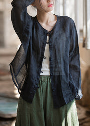 Chic Black Oversized Button Down Linen Shirt Tops Fall