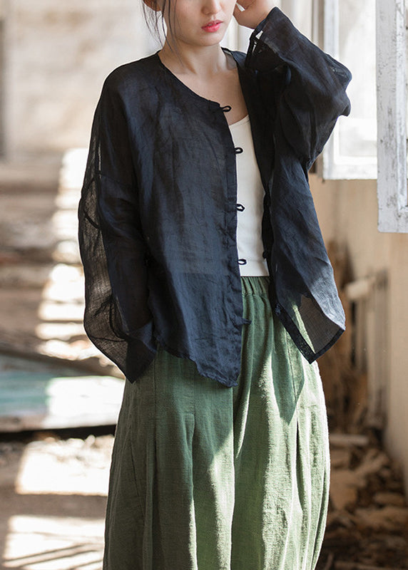 Chic Black Oversized Button Down Linen Shirt Tops Fall