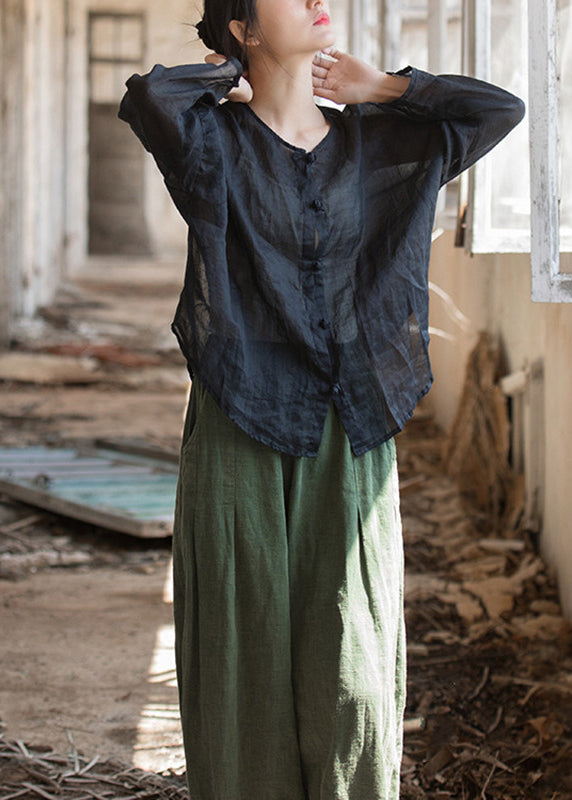 Chic Black Oversized Button Down Linen Shirt Tops Fall