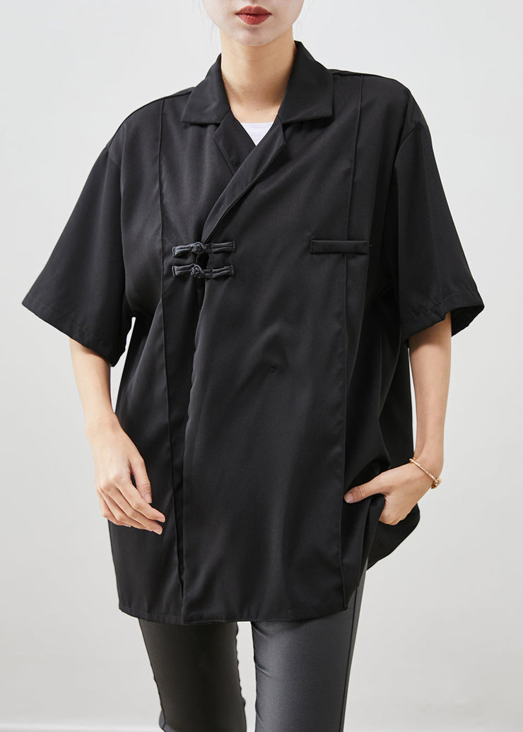 Chic Black Oversized Chinese Button Cotton Shirt Short Sleeve