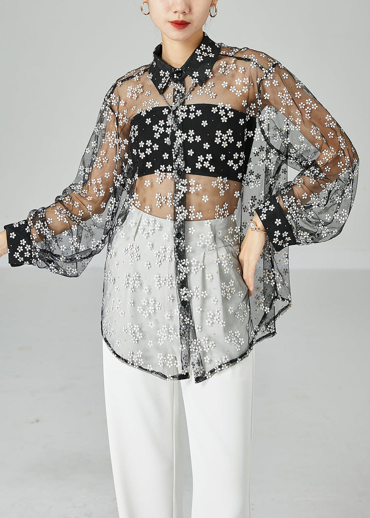 Chic Black Oversized Daisy Tulle Shirts Summer