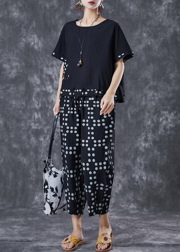 Chic Black Oversized Patchwork Dot Cotton Two-Piece Set Summer