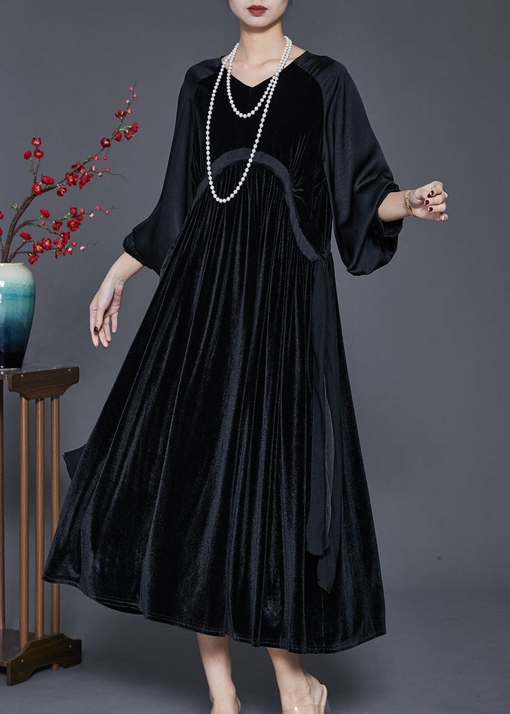 Chic Black Oversized Patchwork Drawstring Silk Velvet Dress Spring