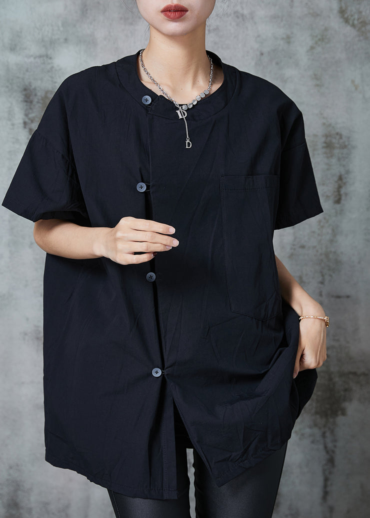 Chic Black Oversized Pocket Cotton Shirt Tops Summer