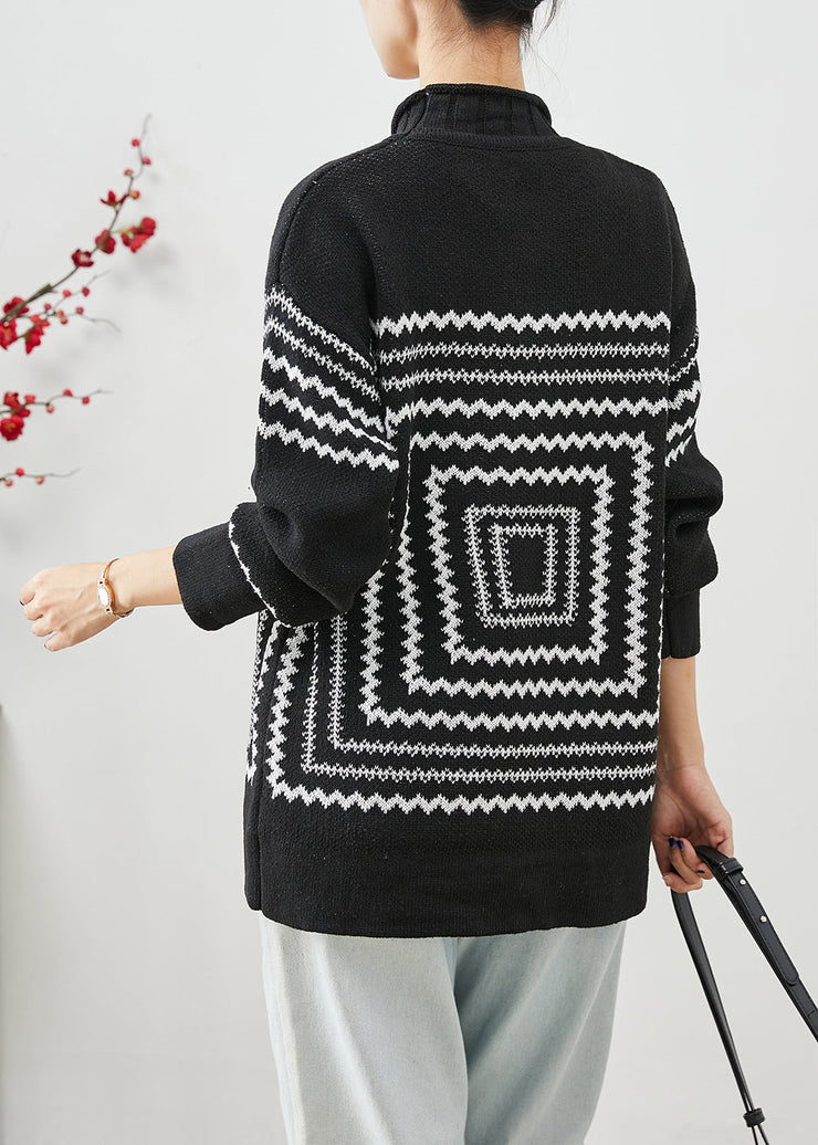 Chic Black Oversized Print Knit Sweaters Winter