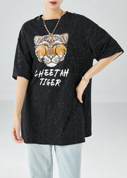 Chic Black Oversized Tiger Print Side Open Cotton Tank Tops Summer