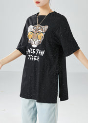 Chic Black Oversized Tiger Print Side Open Cotton Tank Tops Summer