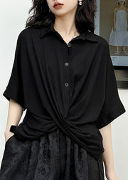 Chic Black Peter Pan Collar Asymmetrical Patchwork Cotton Shirt Top Summer