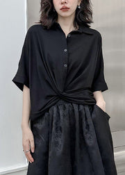 Chic Black Peter Pan Collar Asymmetrical Patchwork Cotton Shirt Top Summer