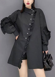 Chic Black Peter Pan Collar Asymmetrical Ruffled Cotton Shirt Tops Spring