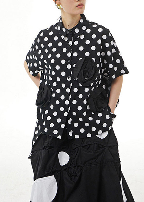 Chic Black Peter Pan Collar Dot Cotton Shirt Summer