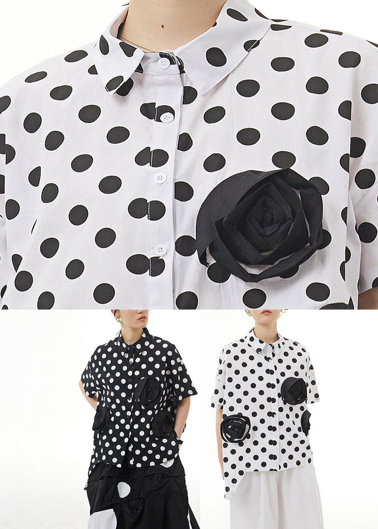 Chic Black Peter Pan Collar Dot Cotton Shirt Summer