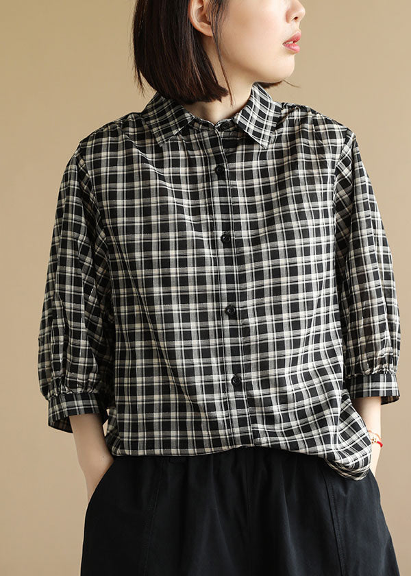 Chic Black Peter Pan Collar Plaid Cotton Shirt Top Bracelet Sleeve