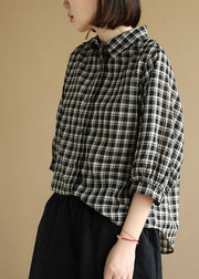 Chic Black Peter Pan Collar Plaid Cotton Shirt Top Bracelet Sleeve