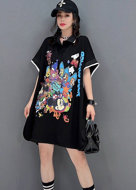 Chic Black Peter Pan Collar Print Mid Dresses Short Sleeve