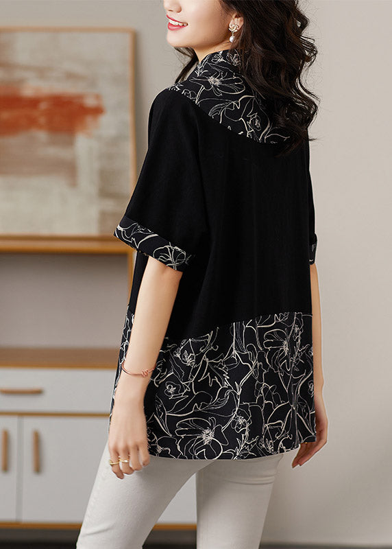 Chic Black Peter Pan Collar Print Patchwork Button Cotton Shirt Short Sleeve