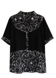 Chic Black Peter Pan Collar Print Patchwork Button Cotton Shirt Short Sleeve