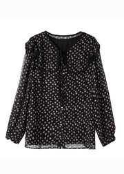 Chic Black Peter Pan Collar Print Patchwork Chiffon Blouse Tops Spring