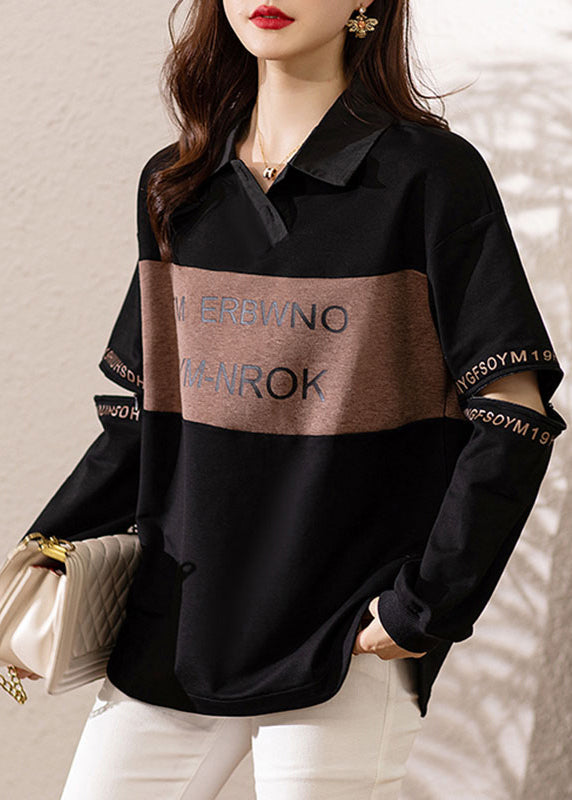 Chic Black Peter Pan Collar Print Patchwork Cotton Sweatshirts Fall