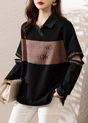 Chic Black Peter Pan Collar Print Patchwork Cotton Sweatshirts Fall