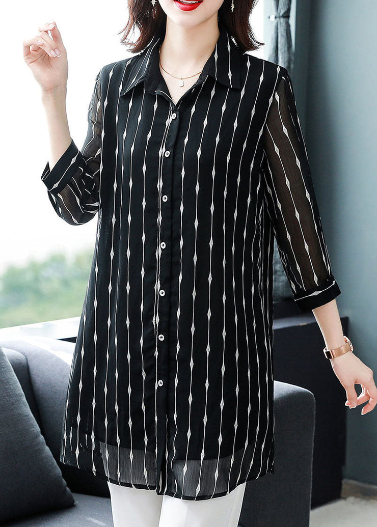 Chic Black Peter Pan Collar Striped Patchwork Silk Shirt Bracelet Sleeve