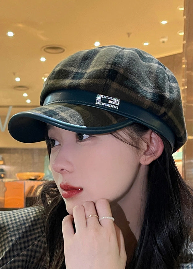 Chic Black Plaid Zircon Patchwork Woolen Beret Hat