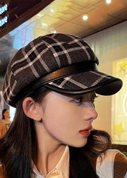 Chic Black Plaid Zircon Patchwork Woolen Beret Hat