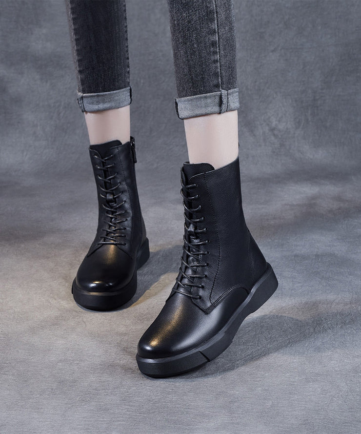 Chic Black Platform Cowhide Leather Lace Up Boots