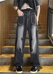 Chic Black Pockets Ripped Mens Denim Straight Pants Fall