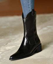 Chic Black Pointed Toe Boots Chunky Cowhide Leather