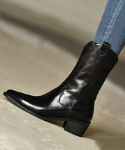 Chic Black Pointed Toe Boots Chunky Cowhide Leather