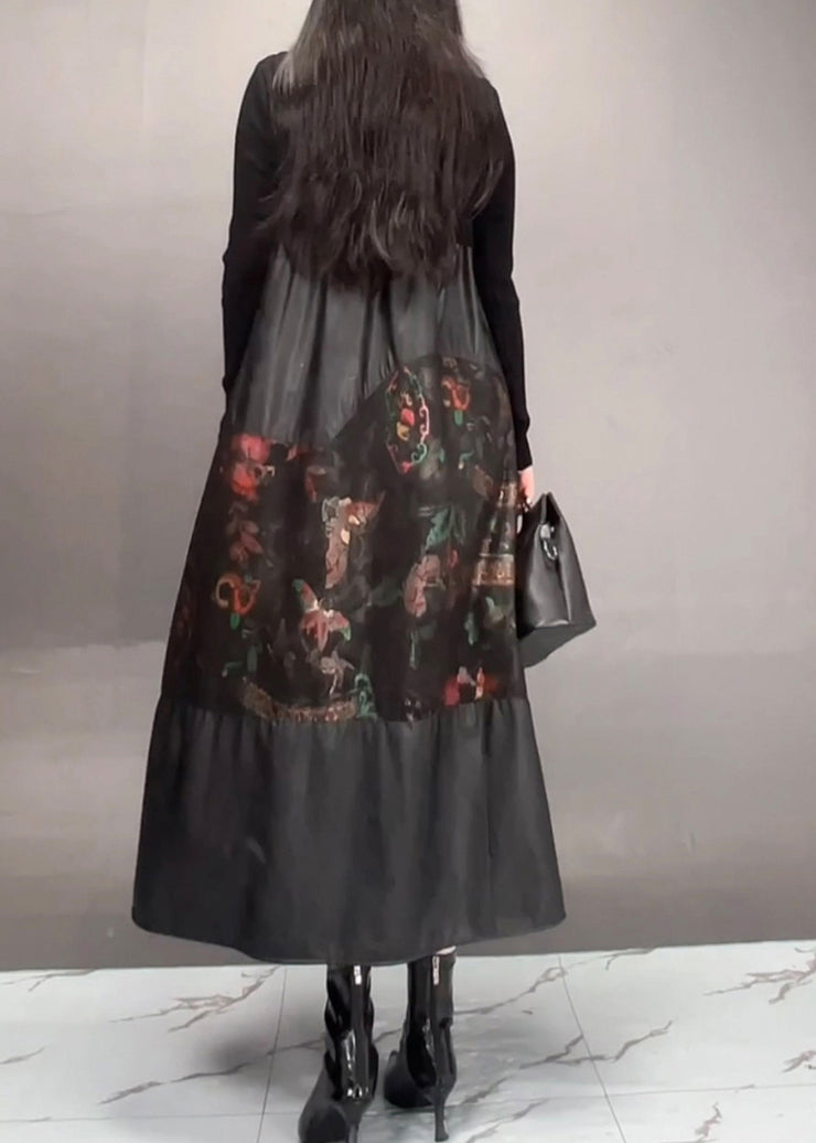 Chic Black Print Patchwork Wrinkled Maxi Dress Fall