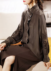 Chic Black Ruffled Lace Patchwork Hollow Out Shirts Long Sleeve