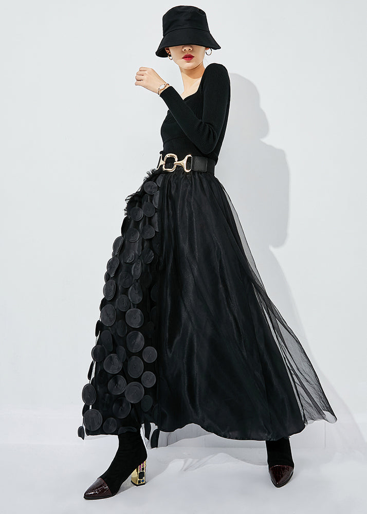 Chic Black Ruffled Patchwork Dot Tulle A Line Skirts Summer