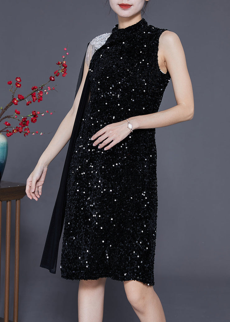 Chic Black Sequins Cloak Slim Fit Mid Dress Summer