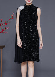 Chic Black Sequins Cloak Slim Fit Mid Dress Summer