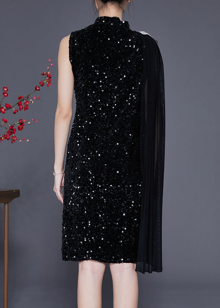 Chic Black Sequins Cloak Slim Fit Mid Dress Summer