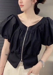 Chic Black Slash Neck Wrinkled Zippered Shirts Puff Sleeve