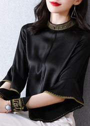 Chic Black Stand Collar Embroideried Ruffles Silk Shirt Spring