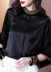 Chic Black Stand Collar Embroideried Ruffles Silk Shirt Spring