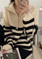 Chic Black Stand Collar Striped Patchwork Thick Knit Pullover Long Sleeve