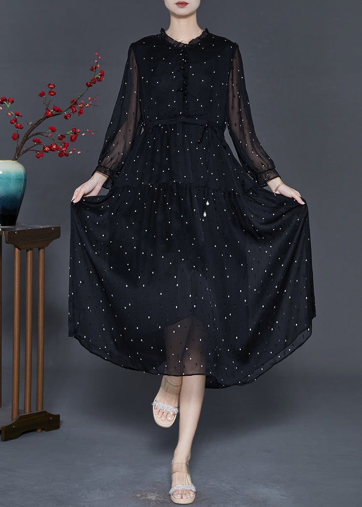 Chic Black Tie Waist Dot Chiffon Long Dress Fall