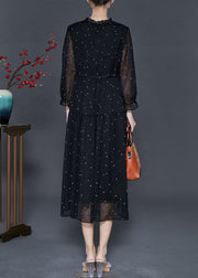 Chic Black Tie Waist Dot Chiffon Long Dress Fall