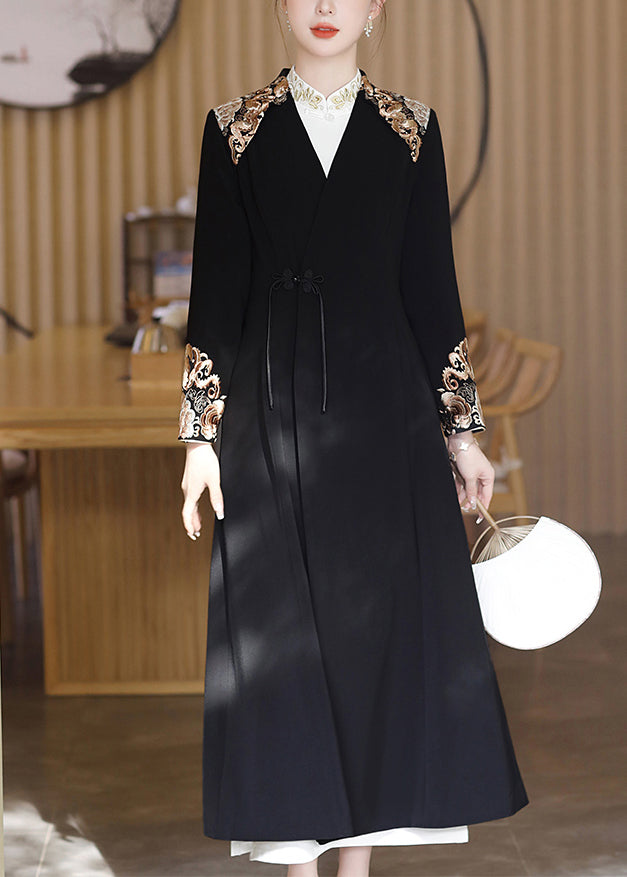 Chic Black V Neck Embroideried Button Satin Trench Coats Fall