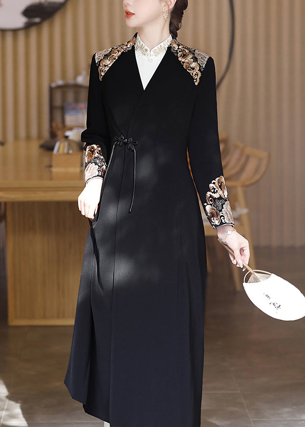 Chic Black V Neck Embroideried Button Satin Trench Coats Fall