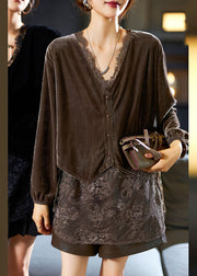 Chic Black V Neck Lace Patchwork Silk Velour Top Long Sleeve