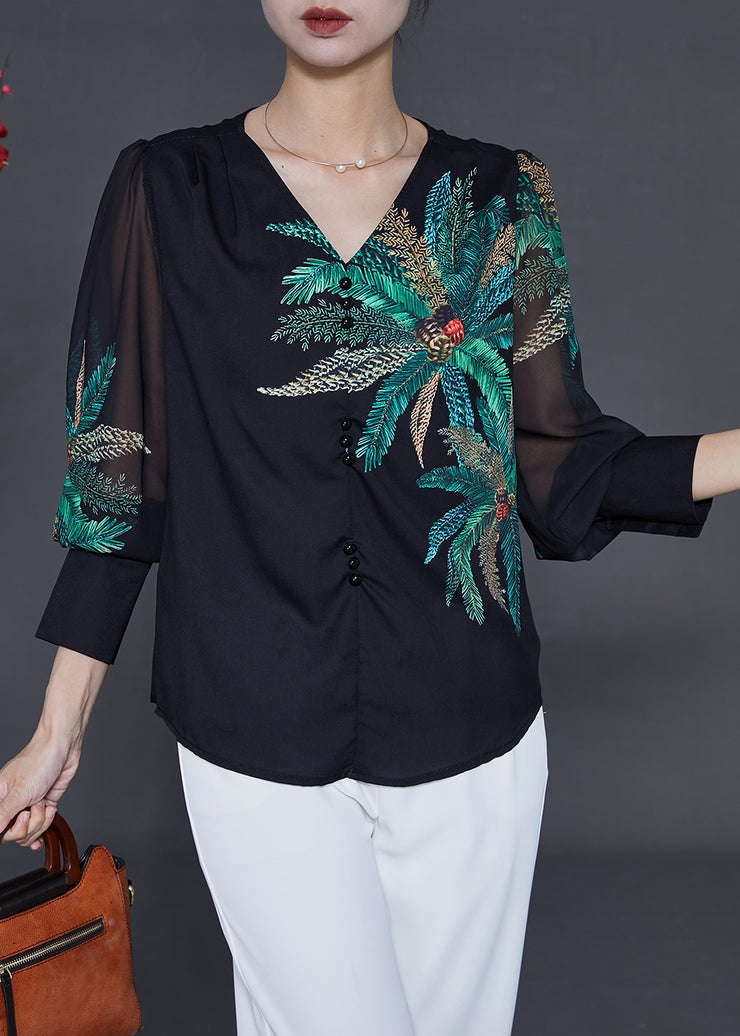 Chic Black V Neck Leaf Print Chiffon Blouses Summer