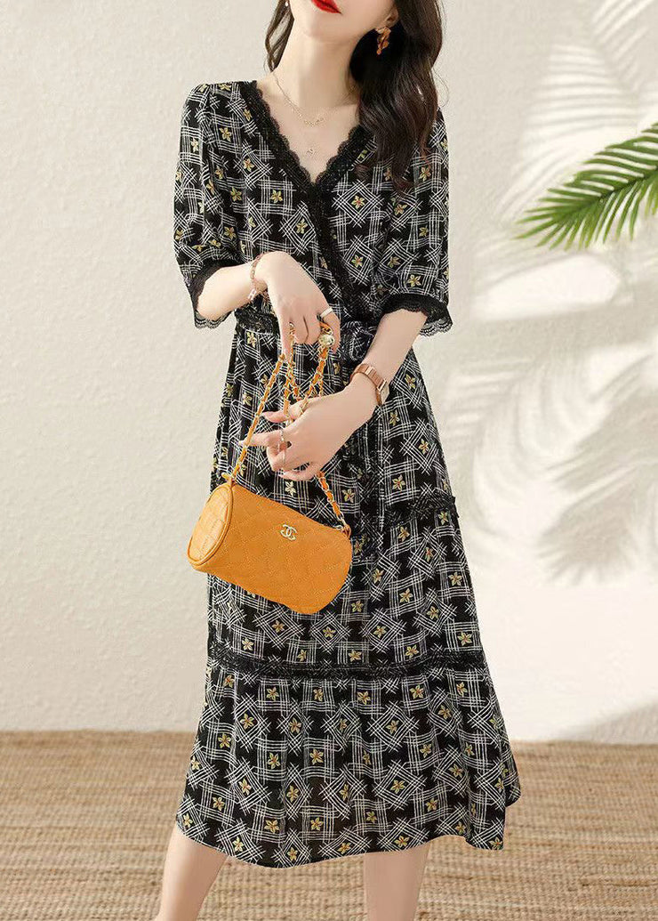 Chic Black V Neck Print Tie Waist Cotton Long Dresses Half Sleeve