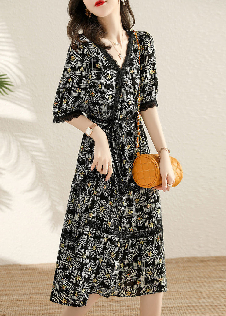 Chic Black V Neck Print Tie Waist Cotton Long Dresses Half Sleeve