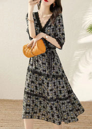 Chic Black V Neck Print Tie Waist Cotton Long Dresses Half Sleeve